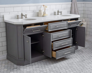 Water Creation Vanity Water Creation PA72QZ05CG-E18FX1305 72"" Palace Collection Quartz Carrara Cashmere Grey Bathroom Vanity Set With Hardware And F2-0013 Faucets, Mirror in Polished Nickel (PVD) Finish