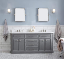 Load image into Gallery viewer, Water Creation Vanity Water Creation PA72QZ05CG-E18FX1305 72&quot;&quot; Palace Collection Quartz Carrara Cashmere Grey Bathroom Vanity Set With Hardware And F2-0013 Faucets, Mirror in Polished Nickel (PVD) Finish