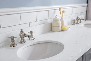 Water Creation Vanity Water Creation PA72QZ05CG-E18FX1305 72"" Palace Collection Quartz Carrara Cashmere Grey Bathroom Vanity Set With Hardware And F2-0013 Faucets, Mirror in Polished Nickel (PVD) Finish