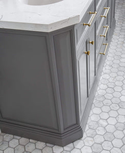 Water Creation Vanity Water Creation PA72QZ06CG-000FX1306 72"" Palace Collection Quartz Carrara Cashmere Grey Bathroom Vanity Set With Hardware And F2-0013 Faucets in Satin Gold Finish And Only Mirrors in Chrome Finish