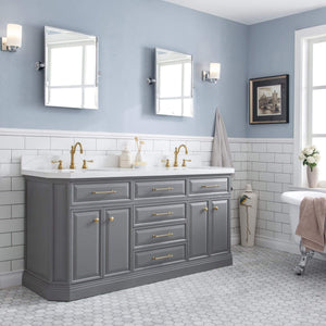 Water Creation Vanity Water Creation PA72QZ06CG-000TL1206 72"" Palace Collection Quartz Carrara Cashmere Grey Bathroom Vanity Set With Hardware And F2-0012 Faucets in Satin Gold Finish And Only Mirrors in Chrome Finish