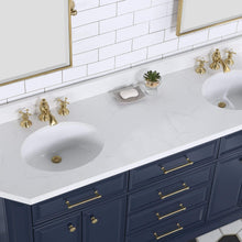 Load image into Gallery viewer, Water Creation Vanity Water Creation PA72QZ06MB-000FX1306 Palace 72 In. Double Sink White Quartz Countertop Vanity in Monarch Blue with Waterfall Faucets