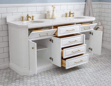 Load image into Gallery viewer, Water Creation Vanity Water Creation PA72QZ06PW-000FX1306 72&quot;&quot; Palace Collection Quartz Carrara Pure White Bathroom Vanity Set With Hardware And F2-0013 Faucets in Satin Gold Finish And Only Mirrors in Chrome Finish