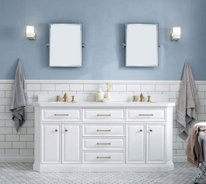 Water Creation Vanity Water Creation PA72QZ06PW-000FX1306 72"" Palace Collection Quartz Carrara Pure White Bathroom Vanity Set With Hardware And F2-0013 Faucets in Satin Gold Finish And Only Mirrors in Chrome Finish