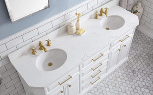 Water Creation Vanity Water Creation PA72QZ06PW-000FX1306 72"" Palace Collection Quartz Carrara Pure White Bathroom Vanity Set With Hardware And F2-0013 Faucets in Satin Gold Finish And Only Mirrors in Chrome Finish