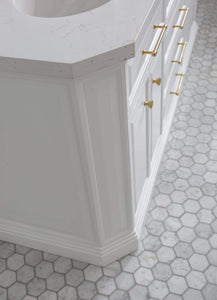 Water Creation Vanity Water Creation PA72QZ06PW-000FX1306 72"" Palace Collection Quartz Carrara Pure White Bathroom Vanity Set With Hardware And F2-0013 Faucets in Satin Gold Finish And Only Mirrors in Chrome Finish