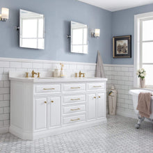 Load image into Gallery viewer, Water Creation Vanity Water Creation PA72QZ06PW-000FX1306 72&quot;&quot; Palace Collection Quartz Carrara Pure White Bathroom Vanity Set With Hardware And F2-0013 Faucets in Satin Gold Finish And Only Mirrors in Chrome Finish