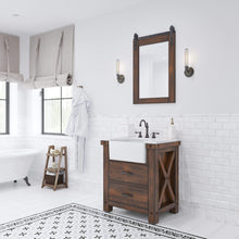 Load image into Gallery viewer, Water Creation Vanity Water Creation Paisley 30 Inch Single Sink Carrara White Marble Countertop Vanity in Rustic Sienna with Hook Faucet and Mirror