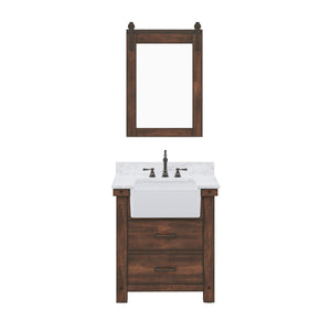 Water Creation Vanity Water Creation Paisley 30 Inch Single Sink Carrara White Marble Countertop Vanity in Rustic Sienna with Hook Faucet and Mirror
