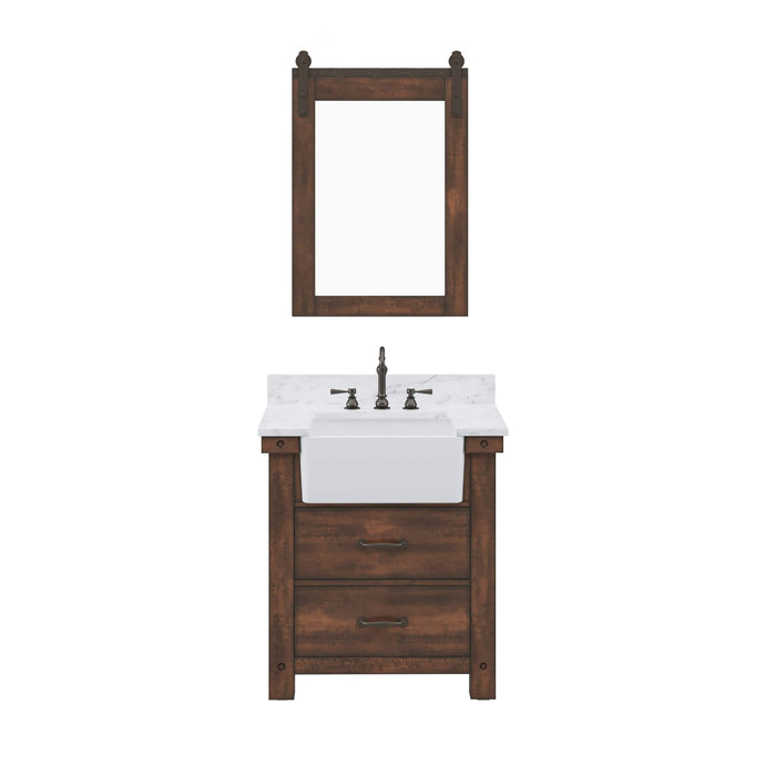 Water Creation Vanity Water Creation Paisley 30 Inch Single Sink Carrara White Marble Countertop Vanity in Rustic Sienna with Hook Faucet and Mirror