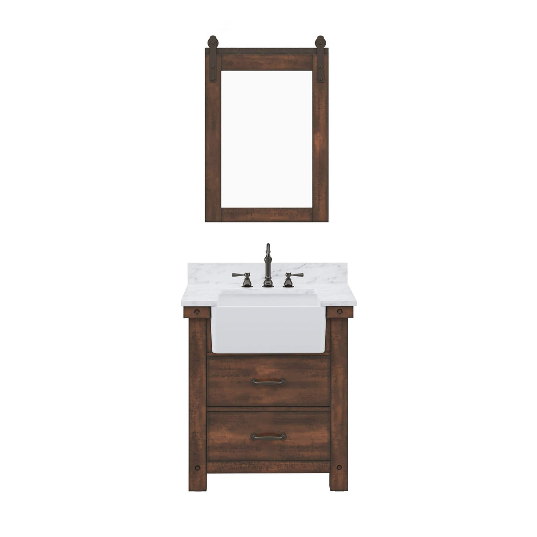 Water Creation Vanity Water Creation Paisley 30 Inch Single Sink Carrara White Marble Countertop Vanity in Rustic Sienna with Hook Faucet and Mirror