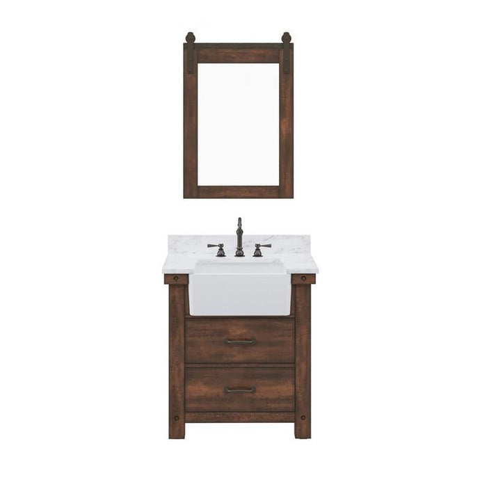 Water Creation Vanity Water Creation Paisley 30 Inch Single Sink Carrara White Marble Countertop Vanity in Rustic Sienna with Mirror