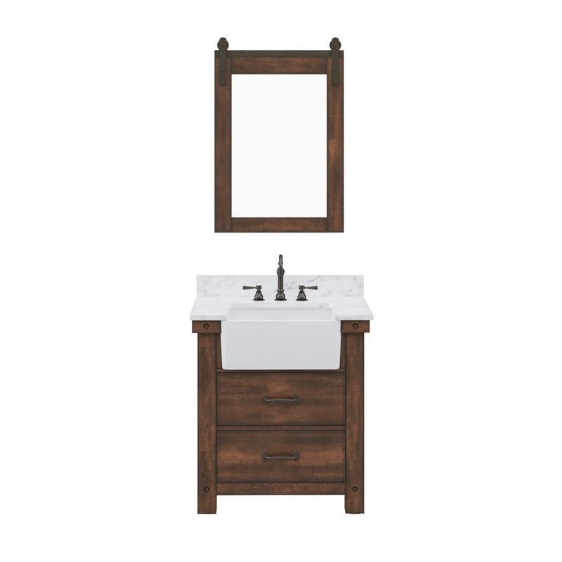 Water Creation Vanity Water Creation Paisley 30 Inch Single Sink Carrara White Marble Countertop Vanity in Rustic Sienna with Mirror