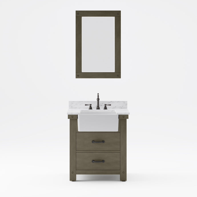 Water Creation Vanity Water Creation Paisley PY30CW03GG-A24000000 30 Inch Single Sink Carrara White Marble Countertop Vanity in Grizzle Gray with Mirror