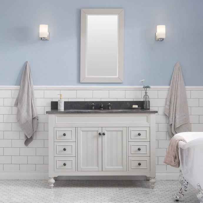Water Creation Vanity Water Creation POTENZA48EGBF1 Potenza 48 Inch Bathroom Vanity in Earl Grey with Blue Limestone Top with Faucet and Mirror