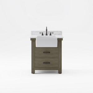 Water Creation Vanity Water Creation PY30CW03GG-000TL1203 Paisley 30 Inch Single Sink Carrara White Marble Countertop Vanity in Grizzle Gray with Hook Faucet