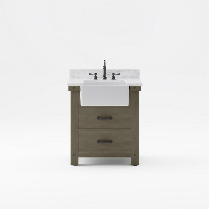 Water Creation Vanity Water Creation PY30CW03GG-000TL1203 Paisley 30 Inch Single Sink Carrara White Marble Countertop Vanity in Grizzle Gray with Hook Faucet