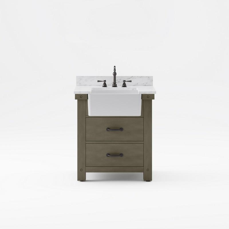 Water Creation Vanity Water Creation PY30CW03GG-000TL1203 Paisley 30 Inch Single Sink Carrara White Marble Countertop Vanity in Grizzle Gray with Hook Faucet