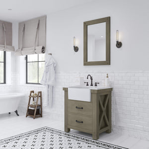Water Creation Vanity Water Creation PY30CW03GG-A24TL1203 Paisley 30 Inch Single Sink Carrara White Marble Countertop Vanity in Grizzle Gray with Hook Faucet and Mirror