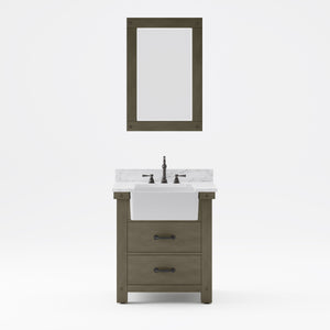 Water Creation Vanity Water Creation PY30CW03GG-A24TL1203 Paisley 30 Inch Single Sink Carrara White Marble Countertop Vanity in Grizzle Gray with Hook Faucet and Mirror