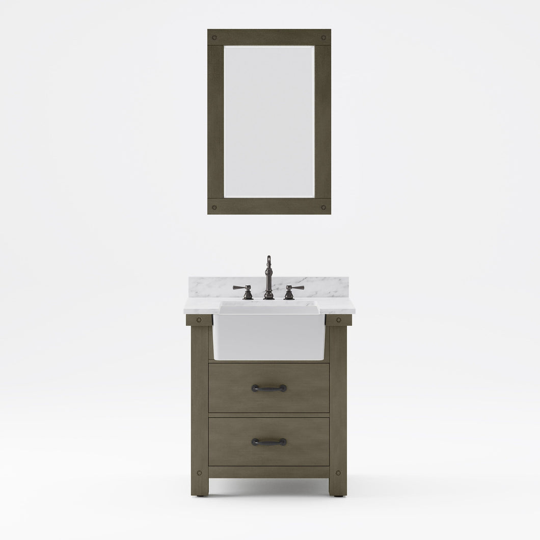 Water Creation Vanity Water Creation PY30CW03GG-A24TL1203 Paisley 30 Inch Single Sink Carrara White Marble Countertop Vanity in Grizzle Gray with Hook Faucet and Mirror
