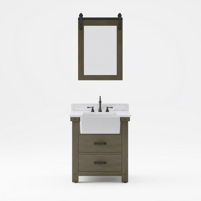 Water Creation Vanity Water Creation PY30CW03GG-P24TL1203 Paisley 30 Inch Single Sink Carrara White Marble Countertop Vanity in Grizzle Gray with Hook Faucet and Mirror