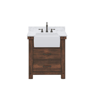 Water Creation Vanity Water Creation PY30CW03RS-000TL1203 Paisley 30 Inch Single Sink Carrara White Marble Countertop Vanity in Rustic Sienna with Hook Faucet