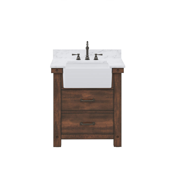 Water Creation Vanity Water Creation PY30CW03RS-000TL1203 Paisley 30 Inch Single Sink Carrara White Marble Countertop Vanity in Rustic Sienna with Hook Faucet
