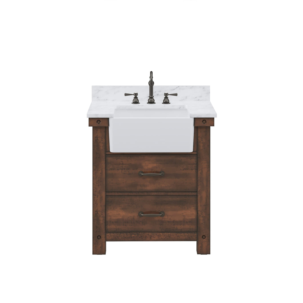 Water Creation Vanity Water Creation PY30CW03RS-000TL1203 Paisley 30 Inch Single Sink Carrara White Marble Countertop Vanity in Rustic Sienna with Hook Faucet