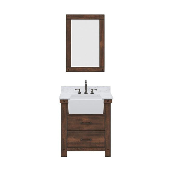 Water Creation Vanity Water Creation PY30CW03RS-A24TL1203 Paisley 30 Inch Single Sink Carrara White Marble Countertop Vanity in Rustic Sienna with Hook Faucet and Mirror
