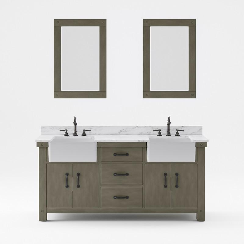 Water Creation Vanity Water Creation PY72CW03GG-A24TL1203 Paisley 72 Inch. Double Sink Carrara White Marble Countertop Vanity in Grizzle Gray with Hook Faucet and Mirror