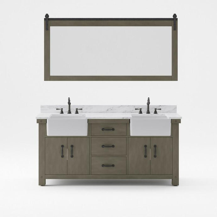 Water Creation Vanity Water Creation PY72CW03GG-P72TL1203 Paisley 72 Inch Double Sink Carrara White Marble Countertop Vanity in Grizzle Gray with Hook Faucet and Mirror