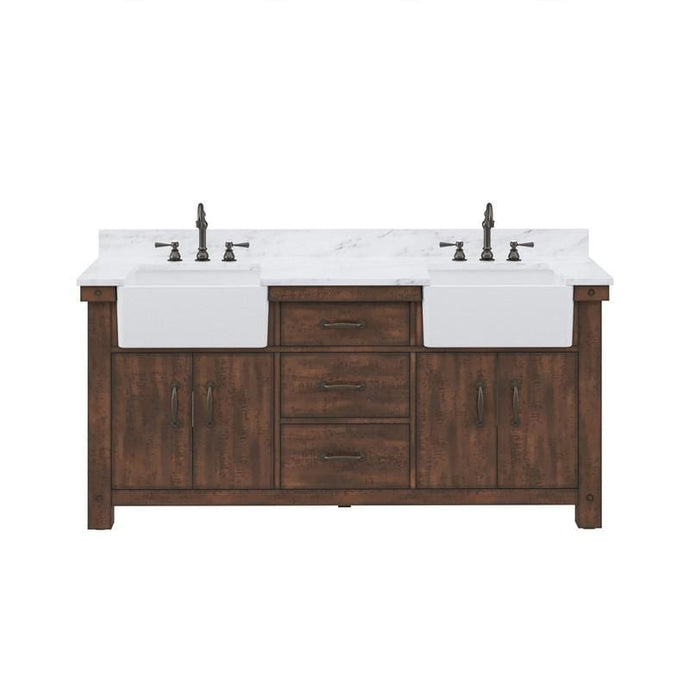 Water Creation Vanity Water Creation PY72CW03RS-000TL1203 Paisley 72 Inch Double Sink Carrara White Marble Countertop Vanity in Rustic Sienna with Hook Faucet
