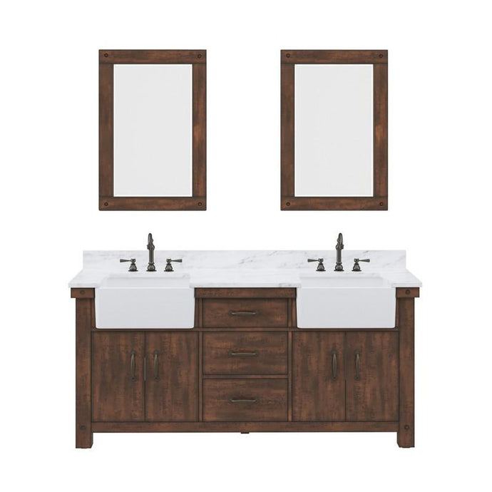 Water Creation Vanity Water Creation PY72CW03RS-A24TL1203 Paisley 72 Inch Double Sink Carrara White Marble Countertop Vanity in Rustic Sienna with Hook Faucet and Mirror