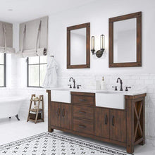 Load image into Gallery viewer, Water Creation Vanity Water Creation PY72CW03RS-A24TL1203 Paisley 72 Inch Double Sink Carrara White Marble Countertop Vanity in Rustic Sienna with Hook Faucet and Mirror
