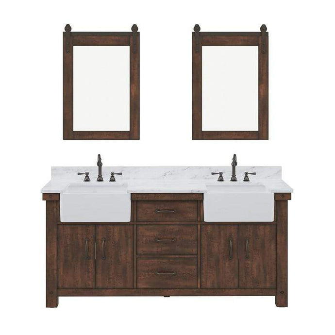 Water Creation Vanity Water Creation PY72CW03RS-P24TL1203 Paisley 72 In. Double Sink Carrara White Marble Countertop Vanity in Rustic Sienna with Hook Faucet and Mirror