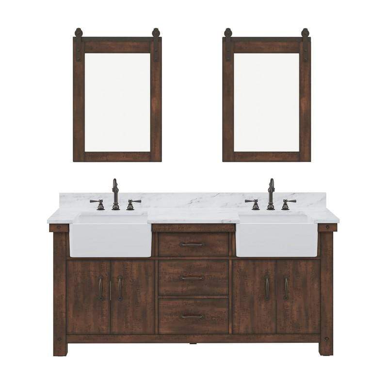 Water Creation Vanity Water Creation PY72CW03RS-P24TL1203 Paisley 72 In. Double Sink Carrara White Marble Countertop Vanity in Rustic Sienna with Hook Faucet and Mirror
