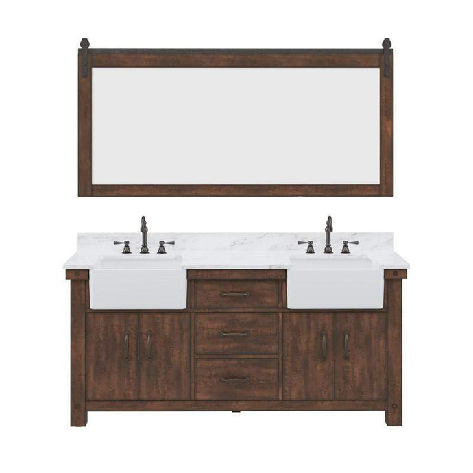 Water Creation Vanity Water Creation PY72CW03RS-P72TL1203 Paisley 72 Inch Double Sink Carrara White Marble Countertop Vanity in Rustic Sienna with Hook Faucet and Mirror