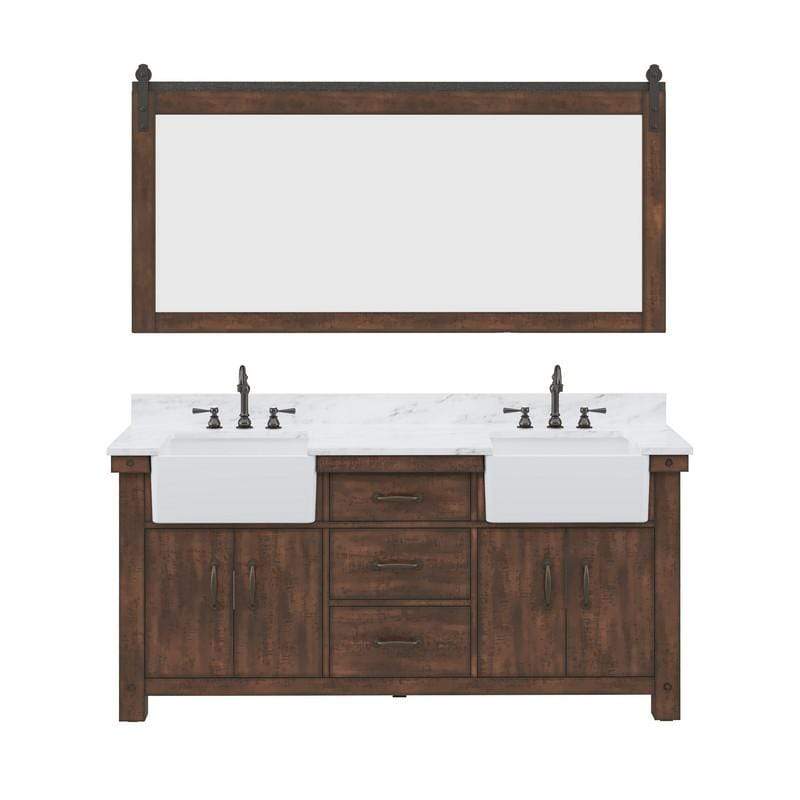Water Creation Vanity Water Creation PY72CW03RS-P72TL1203 Paisley 72 Inch Double Sink Carrara White Marble Countertop Vanity in Rustic Sienna with Hook Faucet and Mirror