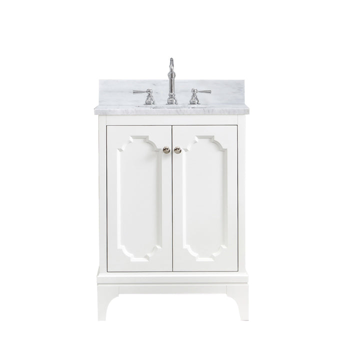 Water Creation Vanity Water Creation QU24CW05PW-000TL1205 Queen 24 Inch Single Sink Carrara White Marble Countertop Vanity in Pure White with Hook Faucet