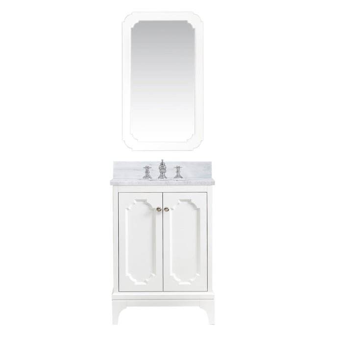 Water Creation Vanity Water Creation QU24CW05PW-Q21FX1305 Queen 24 In. Single Sink Carrara White Marble Countertop Vanity in Pure White with Waterfall Faucet and Mirror