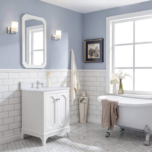 Water Creation Vanity Water Creation QU24CW05PW-Q21FX1305 Queen 24 In. Single Sink Carrara White Marble Countertop Vanity in Pure White with Waterfall Faucet and Mirror