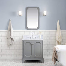 Load image into Gallery viewer, Water Creation Vanity Water Creation QU30CW01CG-000TL1201 Queen 30 Inch Single Sink Carrara White Marble Countertop Vanity in Cashmere Grey with Hook Faucet