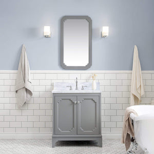 Water Creation Vanity Water Creation QU30CW01CG-000TL1201 Queen 30 Inch Single Sink Carrara White Marble Countertop Vanity in Cashmere Grey with Hook Faucet