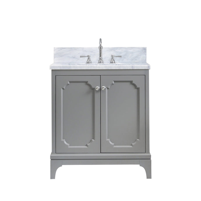 Water Creation Vanity Water Creation QU30CW01CG-000TL1201 Queen 30 Inch Single Sink Carrara White Marble Countertop Vanity in Cashmere Grey with Hook Faucet