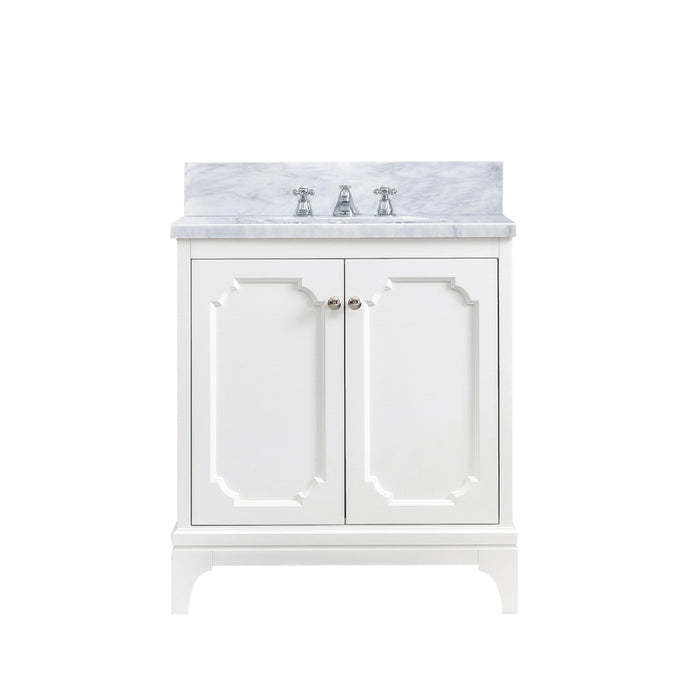 Water Creation Vanity Water Creation QU30CW05PW-000BX0905 Queen 30 Inch Single Sink Carrara White Marble Countertop Vanity in Pure White with Classic Faucet
