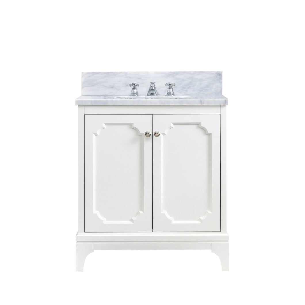 Water Creation Vanity Water Creation QU30CW05PW-000BX0905 Queen 30 Inch Single Sink Carrara White Marble Countertop Vanity in Pure White with Classic Faucet