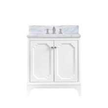 Load image into Gallery viewer, Water Creation Vanity Water Creation QU30CW05PW-000FX1305 Queen 30 Inch Single Sink Carrara White Marble Countertop Vanity in Pure White with Waterfall Faucet