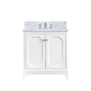 Water Creation Vanity Water Creation QU30CW05PW-000FX1305 Queen 30 Inch Single Sink Carrara White Marble Countertop Vanity in Pure White with Waterfall Faucet