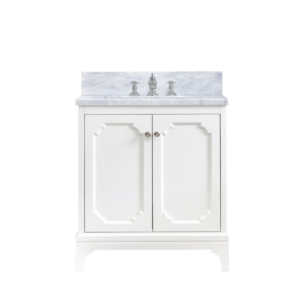 Water Creation Vanity Water Creation QU30CW05PW-000FX1305 Queen 30 Inch Single Sink Carrara White Marble Countertop Vanity in Pure White with Waterfall Faucet